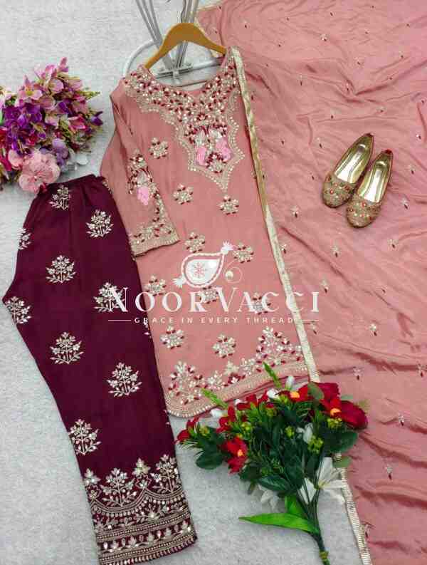 Chinon Silk Embroidered Top with Pant and Dupatta Set - Image 4