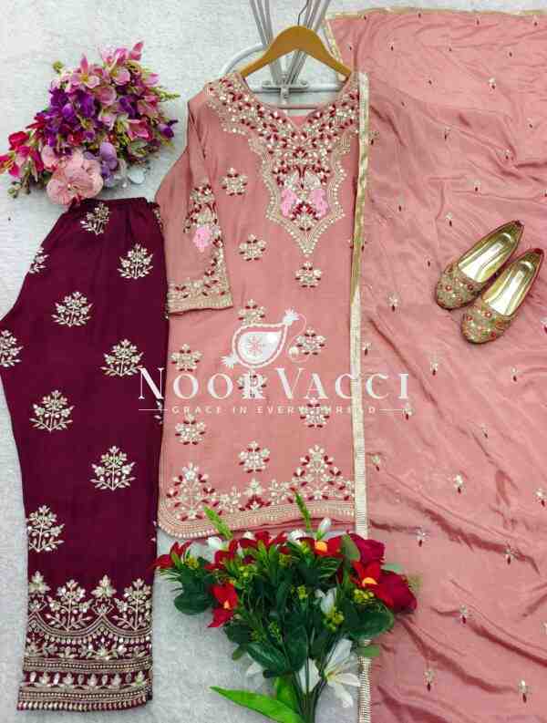 Chinon Silk Embroidered Top with Pant and Dupatta Set - Image 2
