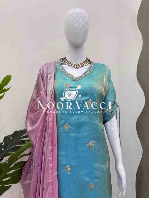 Japan Satin Top & Pant Set with Embroidered Fendy Silk Kaftan - Image 5