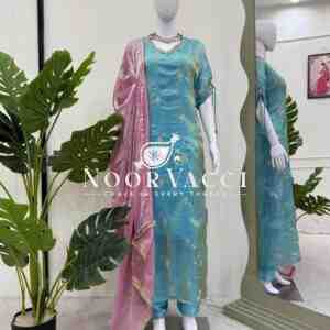 Japan Satin Top & Pant Set with Embroidered Fendy Silk Kaftan