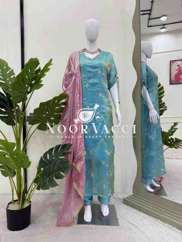 Japan Satin Top & Pant Set with Embroidered Fendy Silk Kaftan
