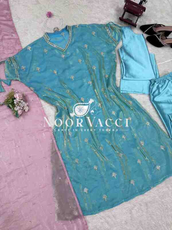 Japan Satin Top & Pant Set with Embroidered Fendy Silk Kaftan - Image 8