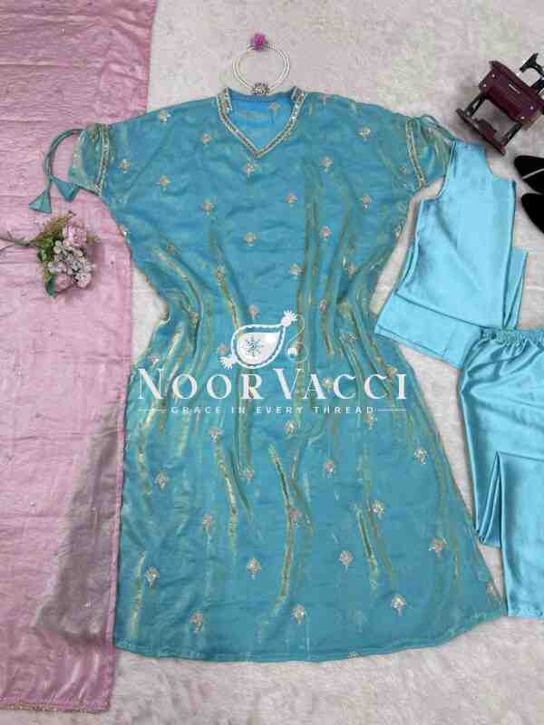 Japan Satin Top & Pant Set with Embroidered Fendy Silk Kaftan - Image 9