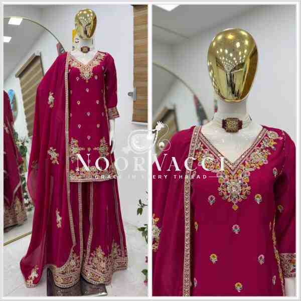 Chinon Silk Embroidered Sharara Set with Dupatta - Image 3