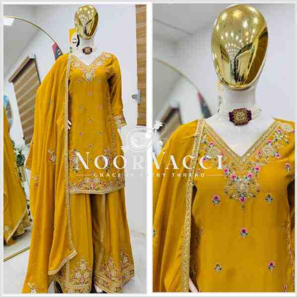 Chinon Silk Embroidered Sharara Set with Dupatta - Image 3