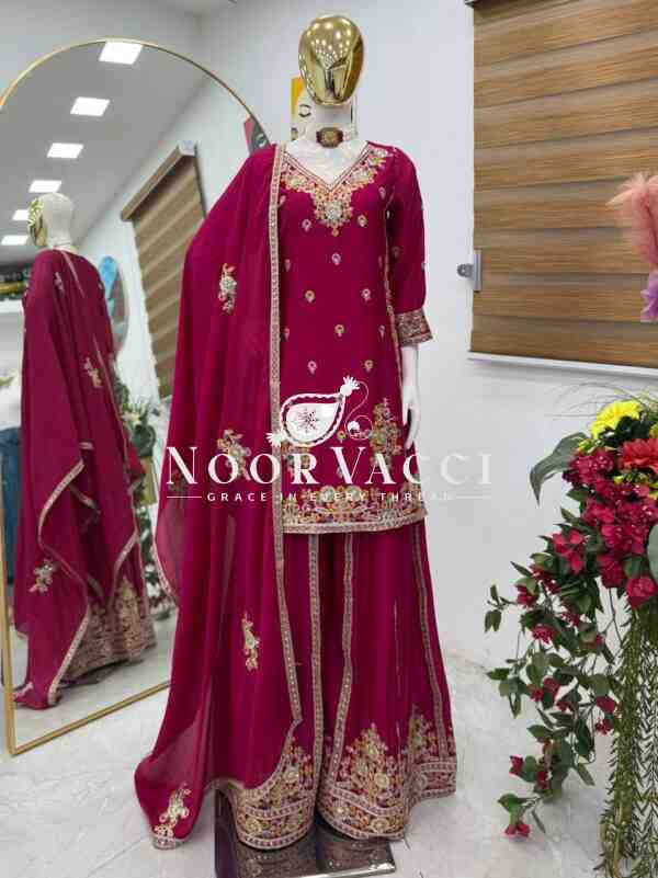 Chinon Silk Embroidered Sharara Set with Dupatta - Image 5