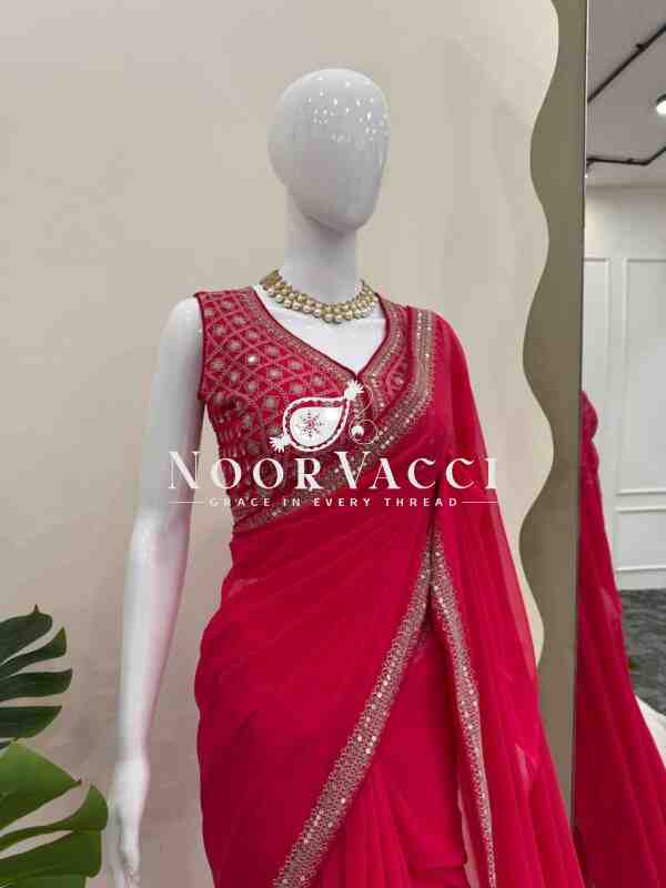 Faux Georgette Embroidered Saree with Fancy Latkan - Image 3
