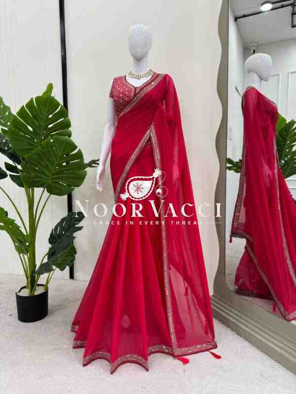 Faux Georgette Embroidered Saree with Fancy Latkan