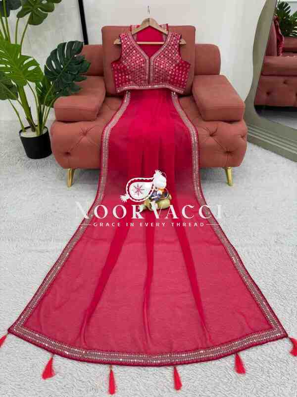Faux Georgette Embroidered Saree with Fancy Latkan - Image 5