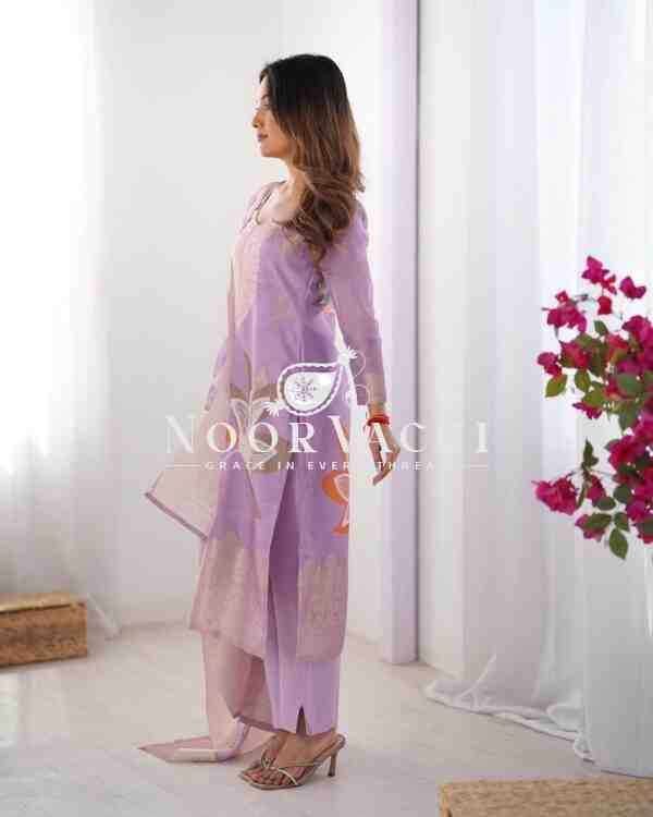 Chanderi Silk Jacquard Printed Suit Set with Dupatta - Image 2