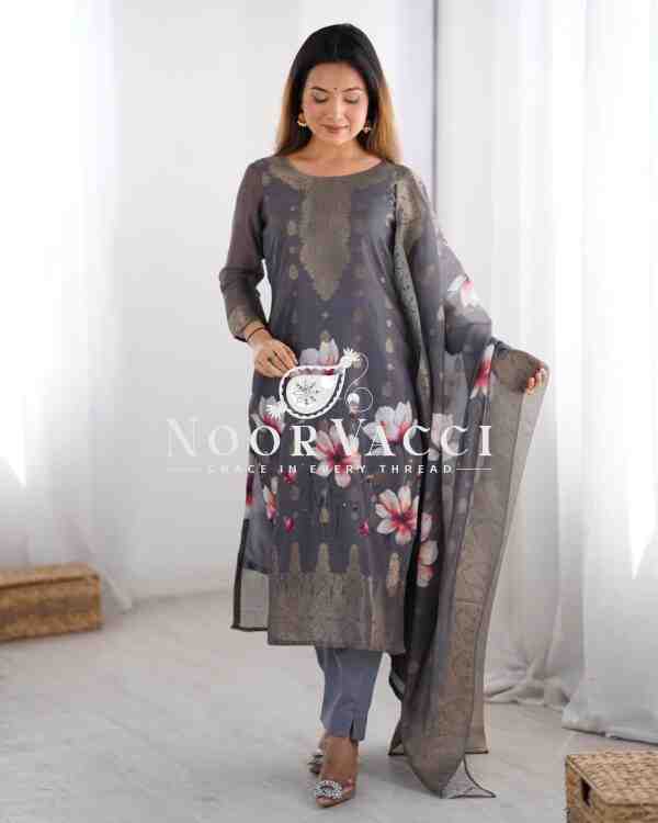 Chanderi Silk Jacquard Printed Suit Set with Dupatta - Image 3