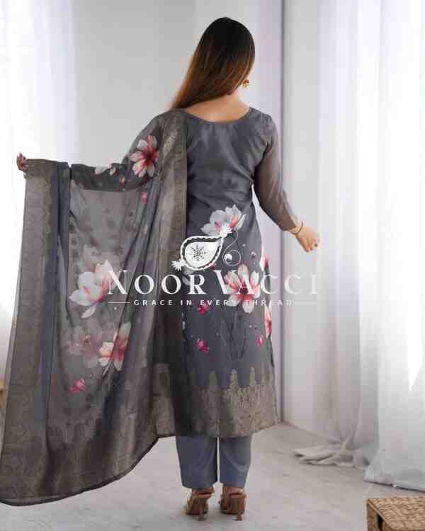 Chanderi Silk Jacquard Printed Suit Set with Dupatta - Image 4