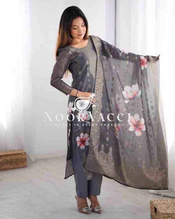 Chanderi Silk Jacquard Printed Suit Set with Dupatta - Image 5