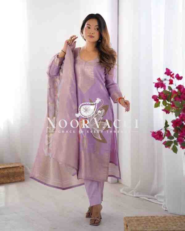 Chanderi Silk Jacquard Printed Suit Set with Dupatta - Image 4