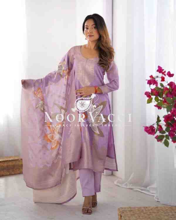 Chanderi Silk Jacquard Printed Suit Set with Dupatta - Image 5