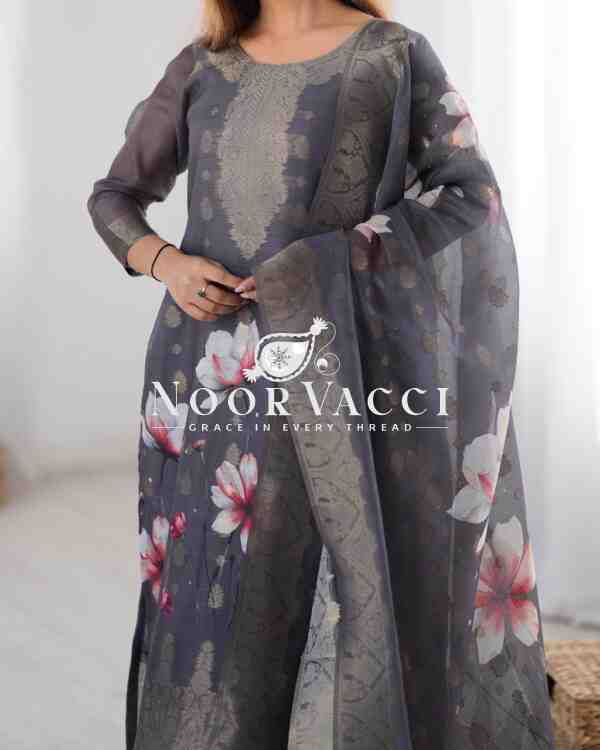 Chanderi Silk Jacquard Printed Suit Set with Dupatta - Image 7