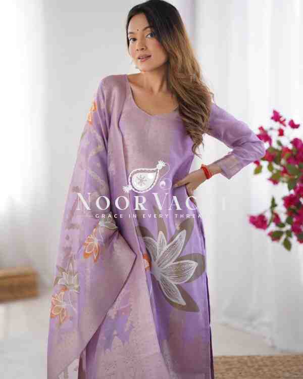 Chanderi Silk Jacquard Printed Suit Set with Dupatta - Image 6