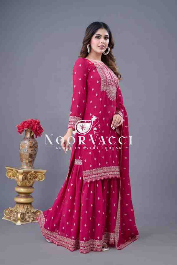 Designer Chinon Silk Top-Sharara & Dupatta Set with Embroidery Work - Image 4