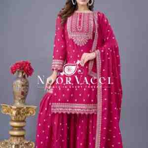 Designer Chinon Silk Top-Sharara & Dupatta Set with Embroidery Work