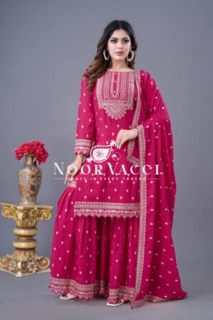 Buy Designer Chinon Silk Top-Sharara & Dupatta Set with Embroidery Work