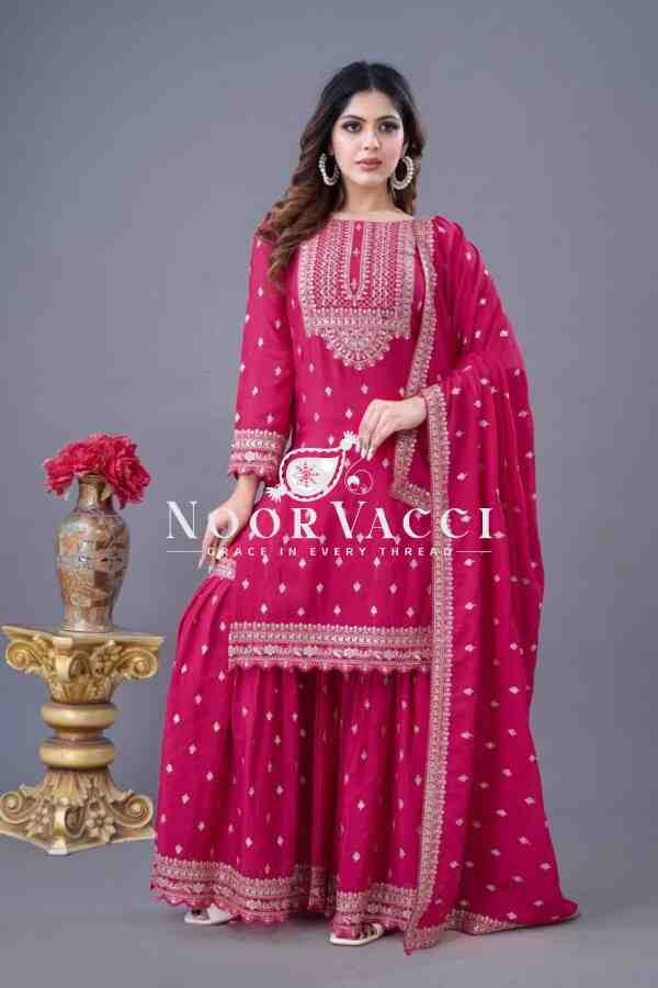 Designer Chinon Silk Top-Sharara & Dupatta Set with Embroidery Work