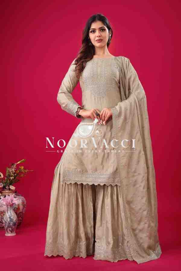 Designer Chinon Silk Top-Sharara & Dupatta Set with Embroidery Work