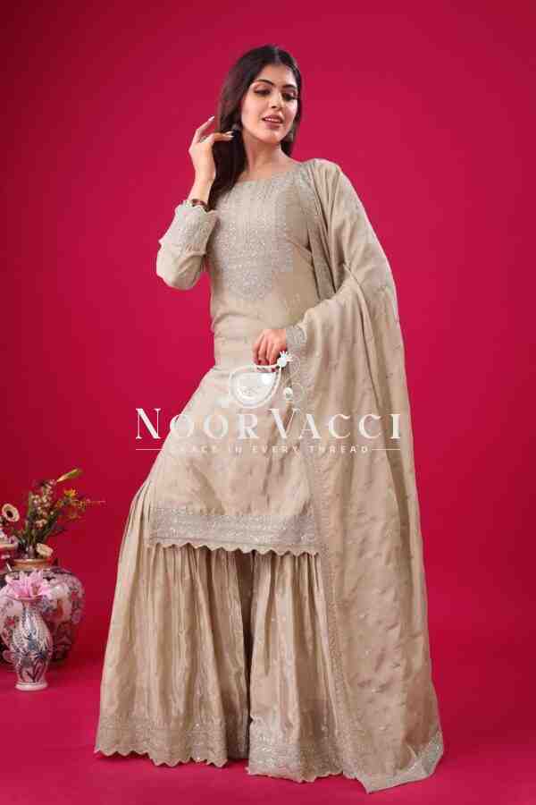 Designer Chinon Silk Top-Sharara & Dupatta Set with Embroidery Work - Image 2