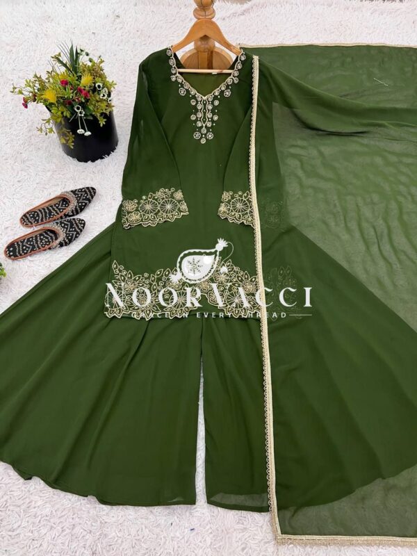 Shop Embroidered Beads Work Faux Georgette Top-Plazzo Set with Dupatta - Image 5