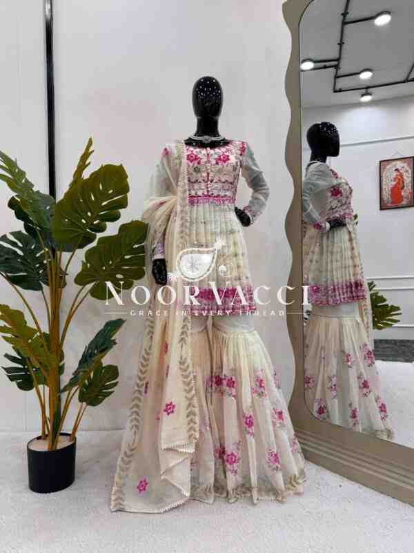 Chanderi Cotton Sequin Sharara Suit Set with Dupatta