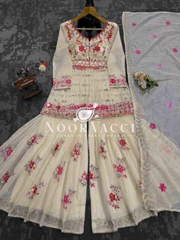 Chanderi Cotton Sequin Sharara Suit Set with Dupatta - Image 3