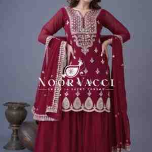 Designer Georgette Top-Sharara & Dupatta Set with Embroidery Work