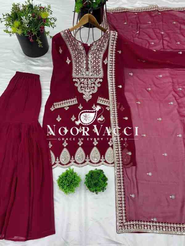 Designer Georgette Top-Sharara & Dupatta Set with Embroidery Work - Image 5
