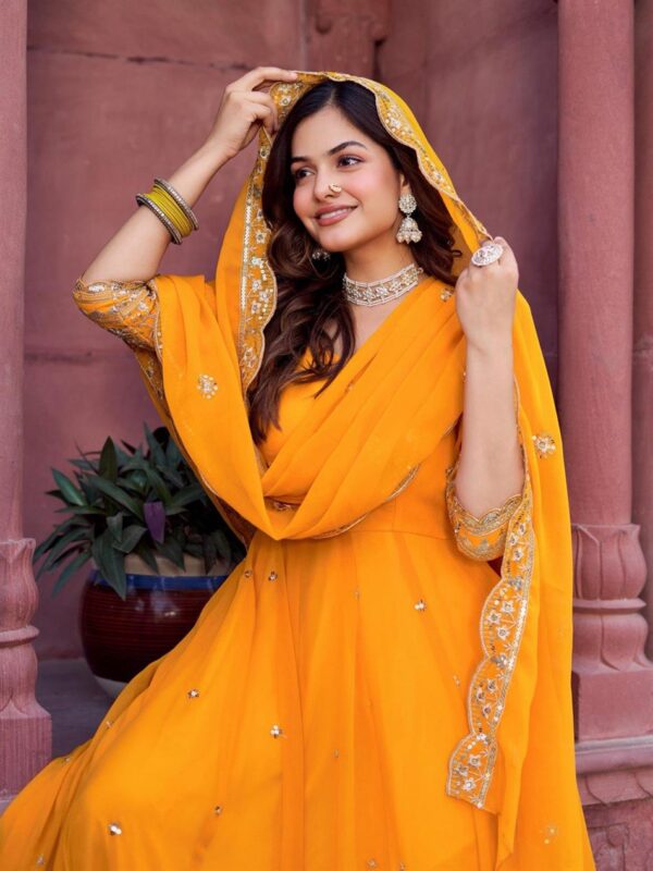 Buy Faux Georgette Embroidered Gown Set with Dupatta and Pant - Image 6