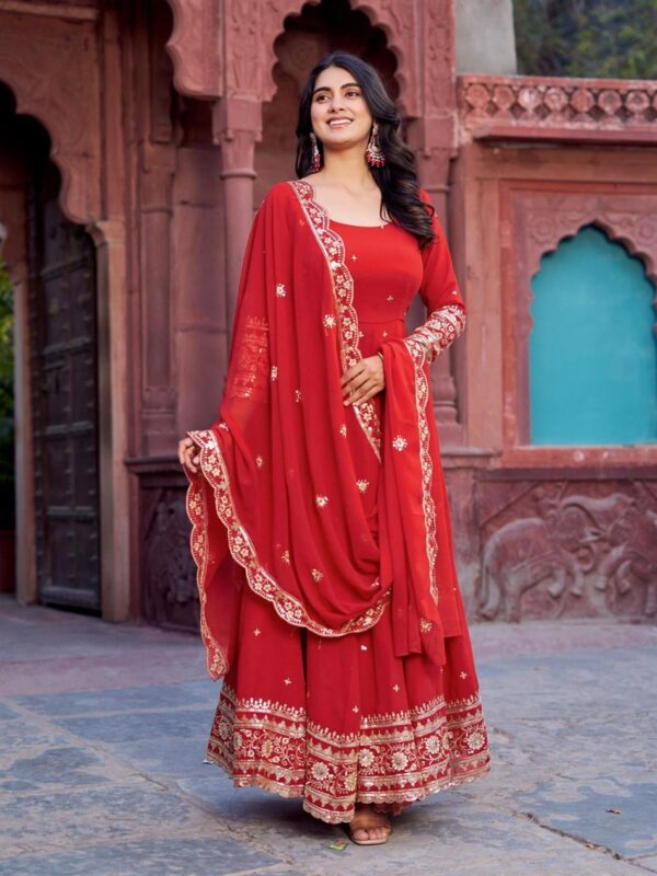 Buy Faux Georgette Embroidered Gown Set with Dupatta and Pant - Image 2