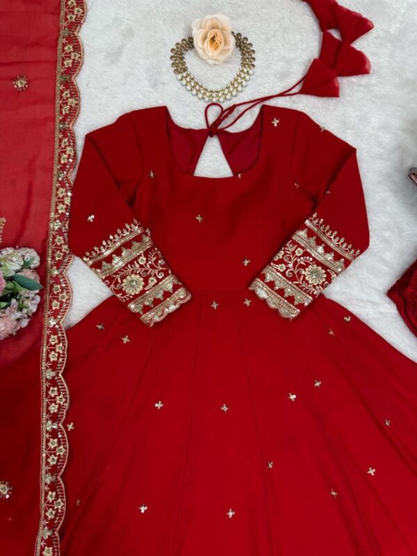 Buy Faux Georgette Embroidered Gown Set with Dupatta and Pant - Image 7
