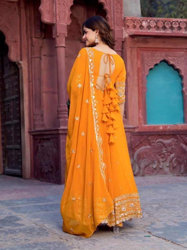Buy Faux Georgette Embroidered Gown Set with Dupatta and Pant - Image 4