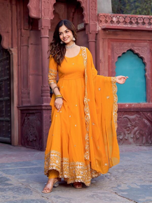 Buy Faux Georgette Embroidered Gown Set with Dupatta and Pant - Image 2