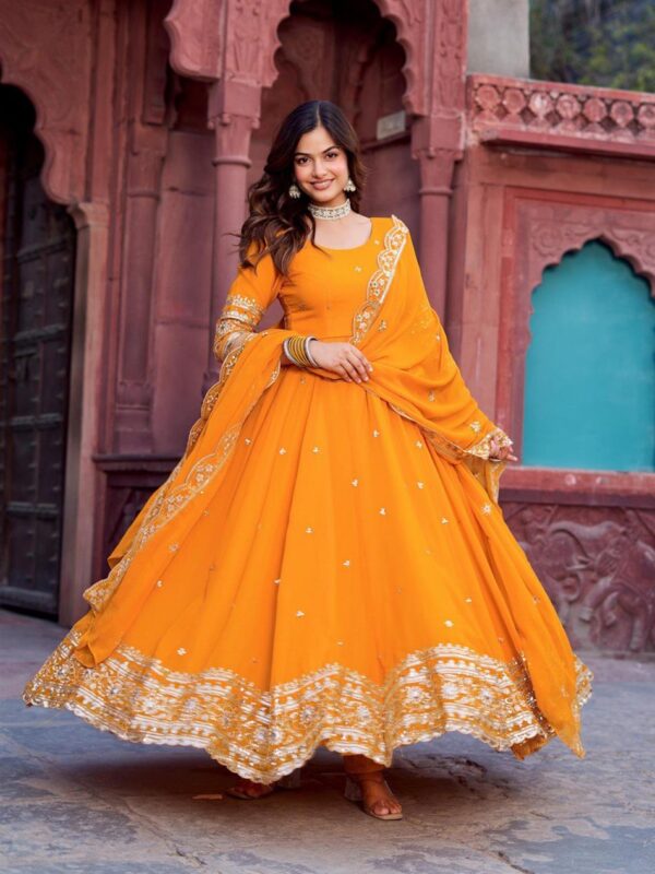 Buy Faux Georgette Embroidered Gown Set with Dupatta and Pant - Image 3
