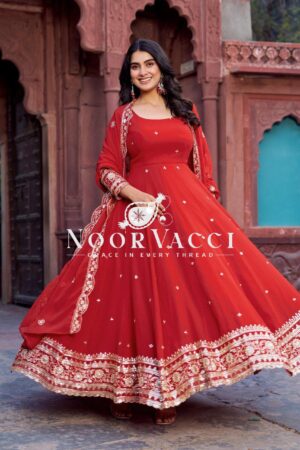 Buy Faux Georgette Embroidered Gown Set with Dupatta and Pant