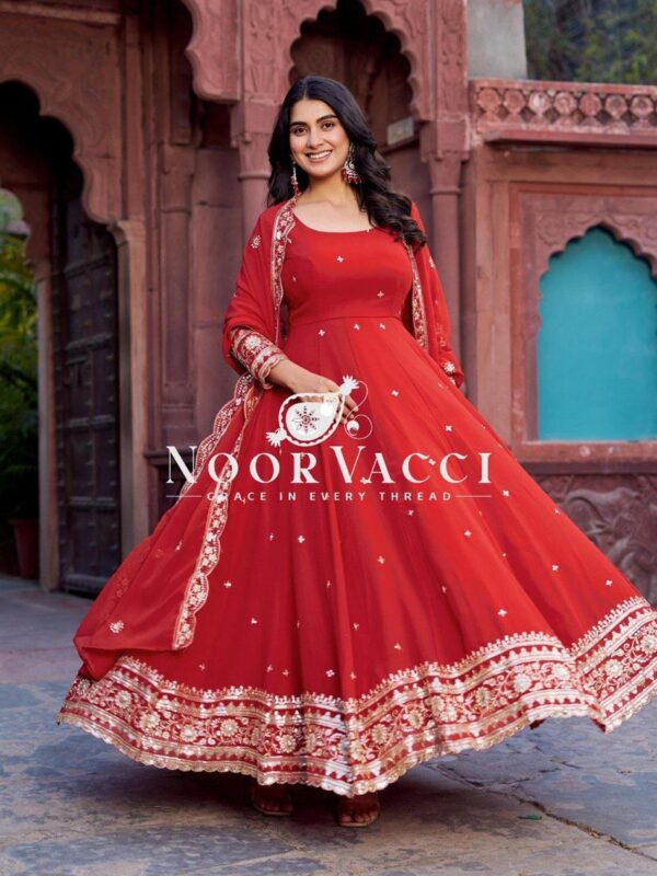 Buy Faux Georgette Embroidered Gown Set with Dupatta and Pant
