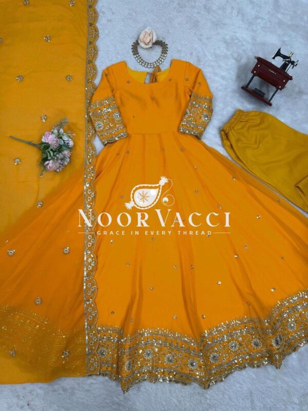 Buy Faux Georgette Embroidered Gown Set with Dupatta and Pant - Image 7