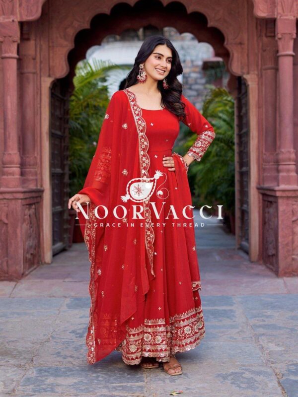 Buy Faux Georgette Embroidered Gown Set with Dupatta and Pant - Image 3