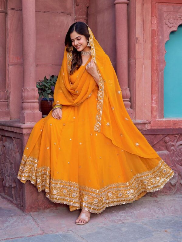 Buy Faux Georgette Embroidered Gown Set with Dupatta and Pant - Image 5