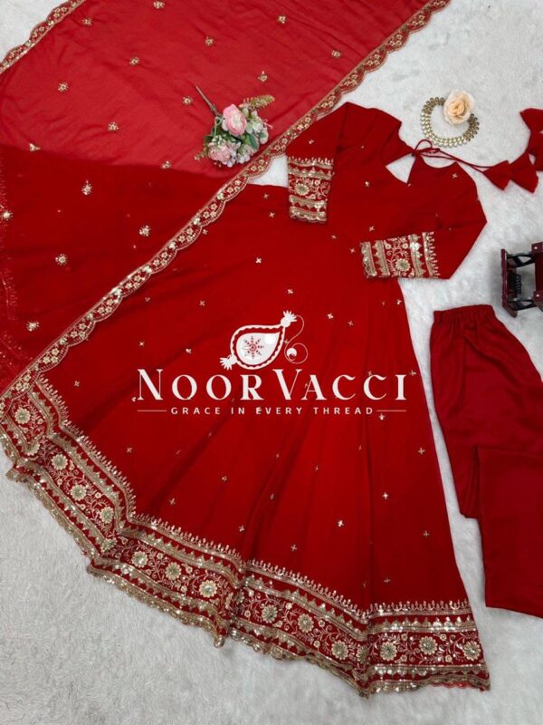 Buy Faux Georgette Embroidered Gown Set with Dupatta and Pant - Image 6