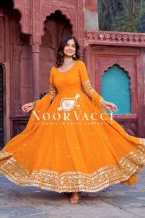 Buy Faux Georgette Embroidered Gown Set with Dupatta and Pant