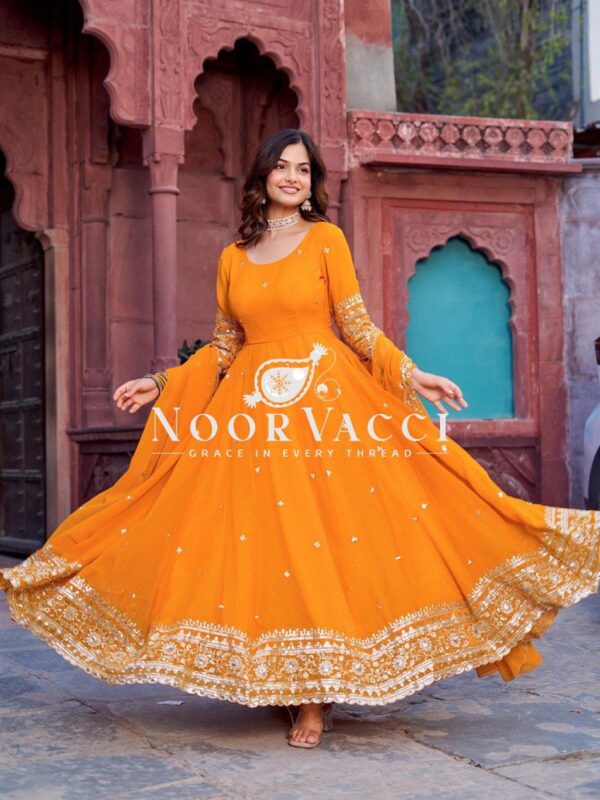 Buy Faux Georgette Embroidered Gown Set with Dupatta and Pant