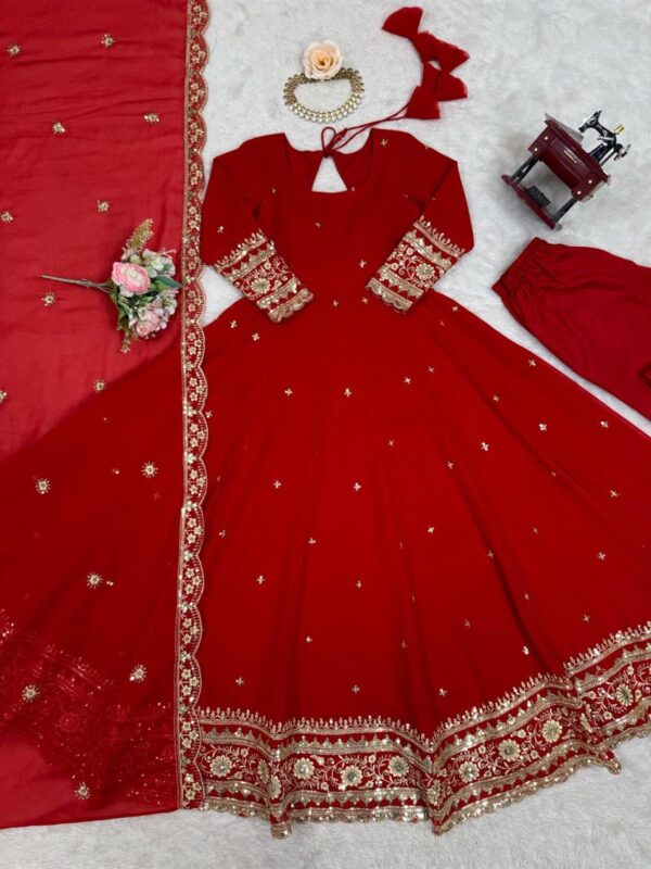 Buy Faux Georgette Embroidered Gown Set with Dupatta and Pant - Image 8
