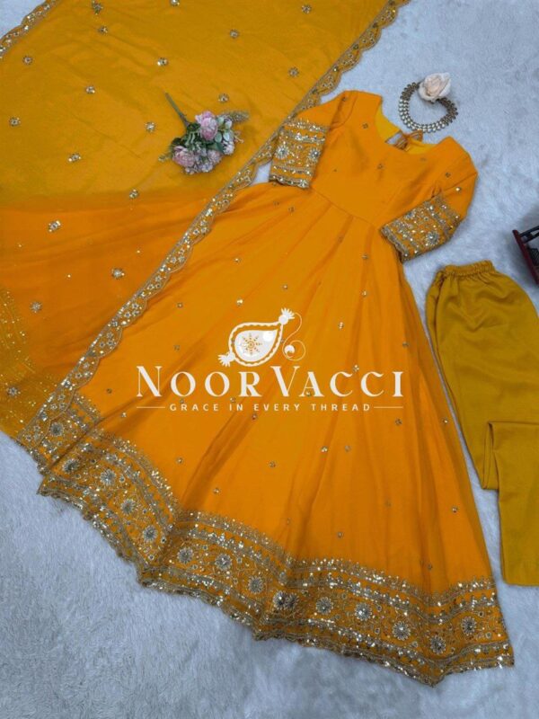 Buy Faux Georgette Embroidered Gown Set with Dupatta and Pant - Image 8