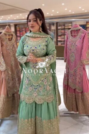 Buy Natural Crepe Embroidered Top with Sharara Palazzo & Dupatta Set