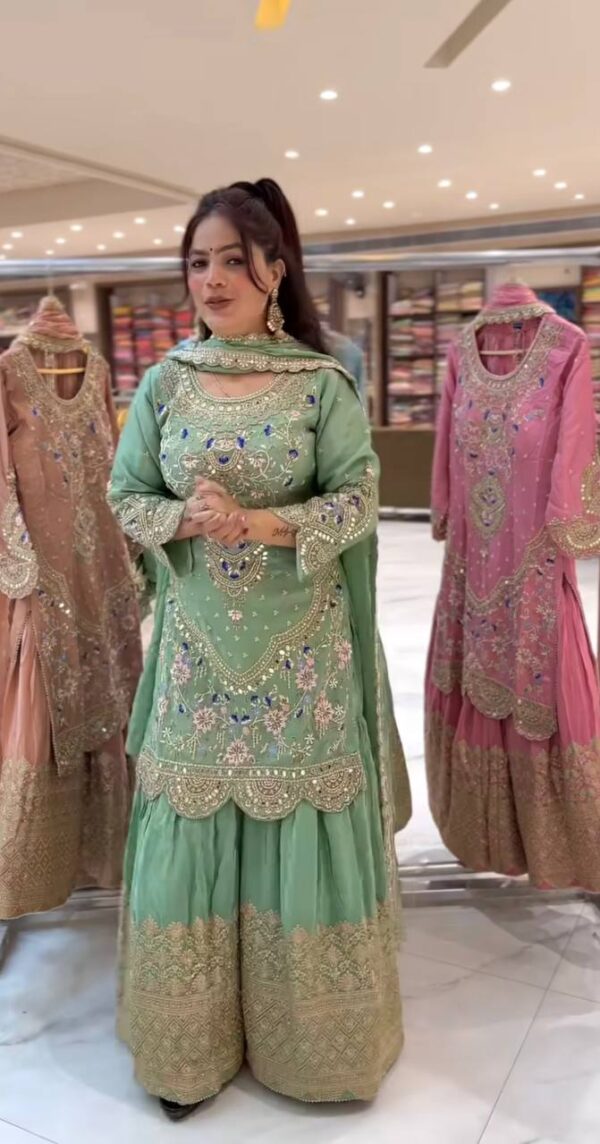 Buy Natural Crepe Embroidered Top with Sharara Palazzo & Dupatta Set